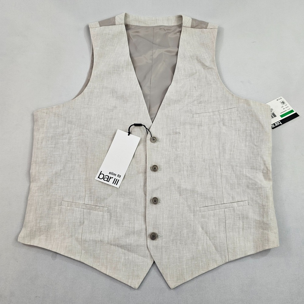 BAR III dress vest mens L Large linen beige tan pockets HOCHVC9Y0017 slim $115